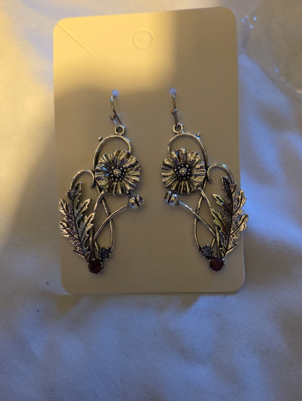 Floral Silver-Tone Drop Earrings with Red Accent